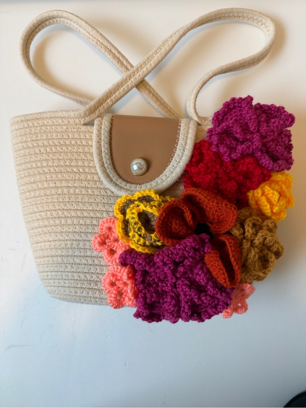 Cream Crochet Flower Shoulder Bag with Multicolor Accents